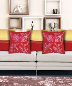 Home9ine Embroidery Yellow & Fuchsia Color Polyester Cushion Covers (40*40cm Pack of 5)